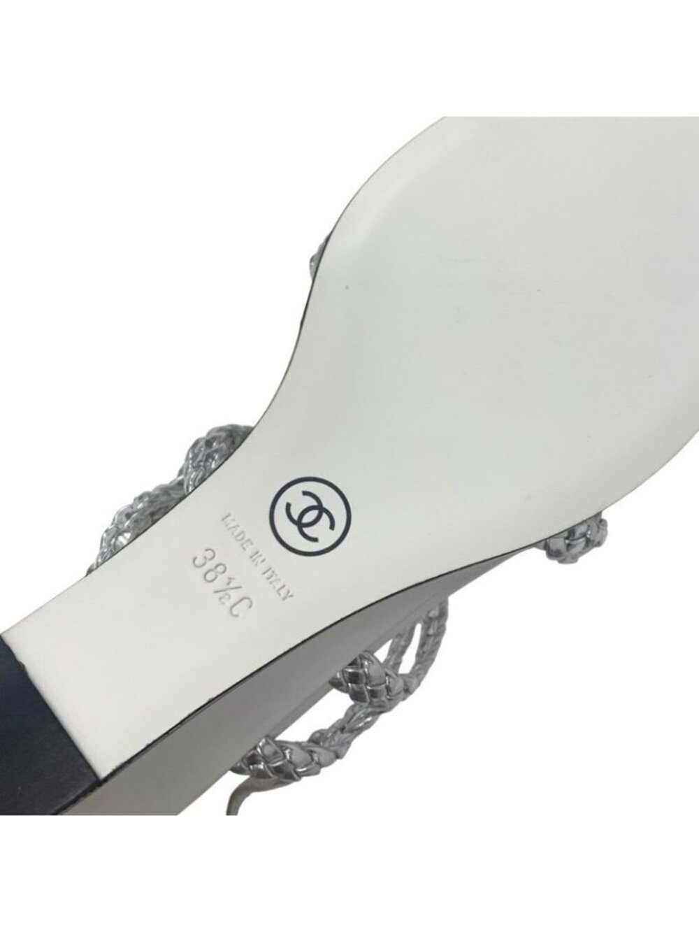 Chanel Sandals Shoes Leather Silver White Strap Braided Wedge Sole - Picture 8 of 9